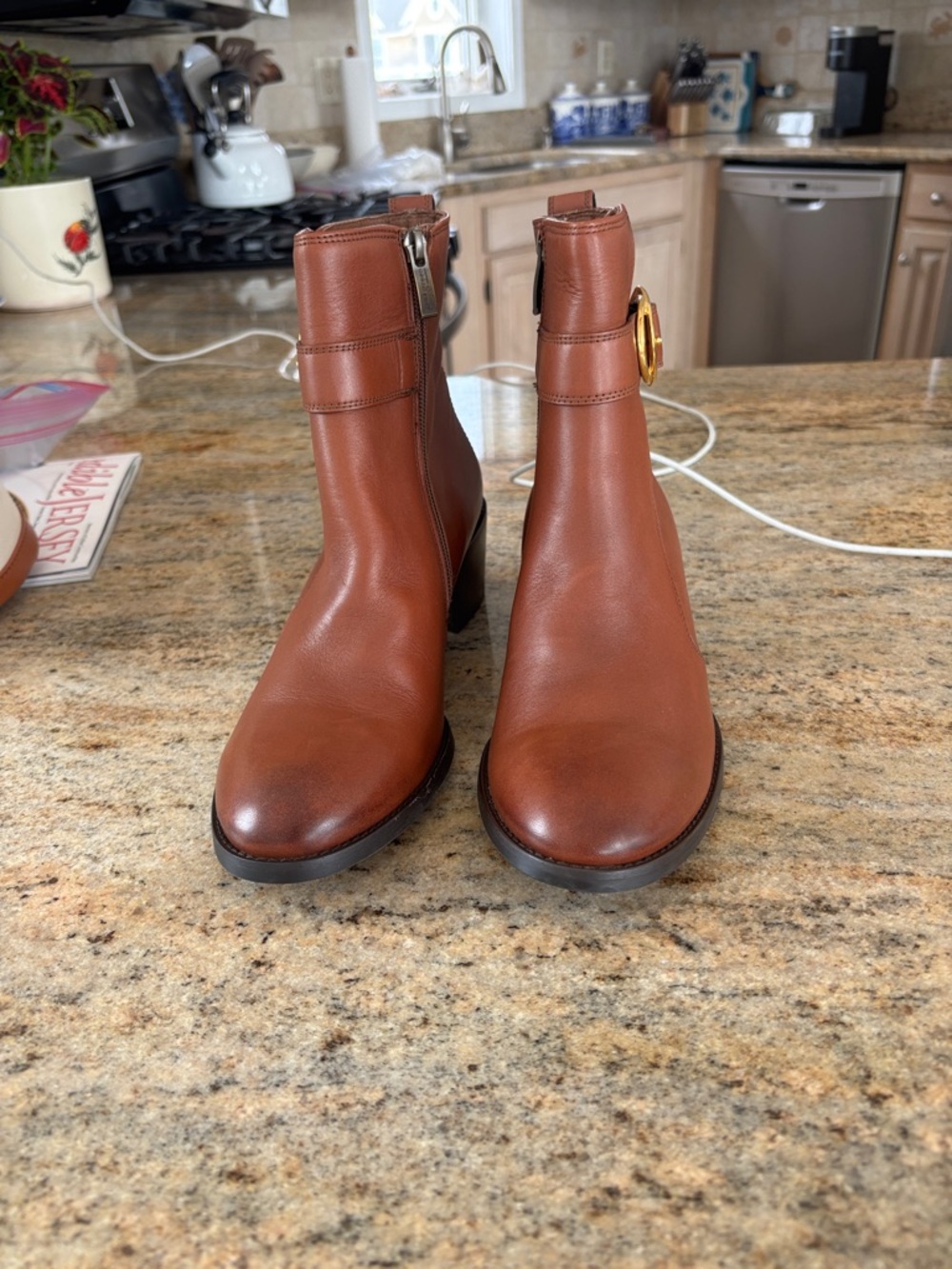 Paul Green Cognac Leather Ankle Boots with Gold Buckle - Picture 2 of 3
